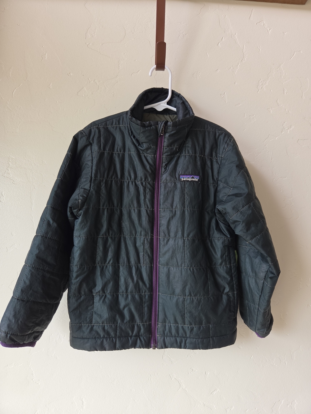 Patagonia Kids Black Nano Puff Jacket with Purple Zipper